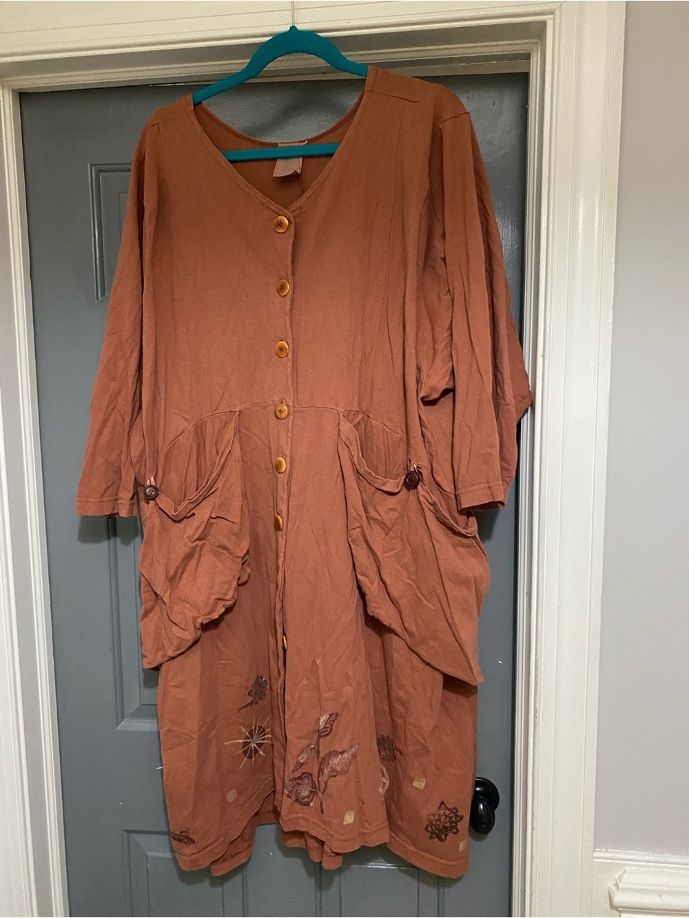 Blue Fish Rust Button-Front Long Shirt with Patch Pockets
